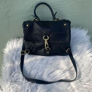 Luana Women's Black Leather Satchel Handbag with Gold Hardware